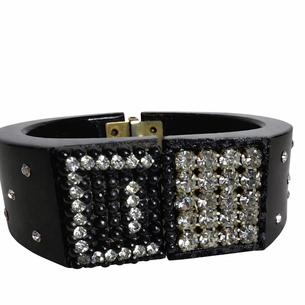 Vintage Black Rhinestone Cuff Bracelet Glam Statement Jewelry
